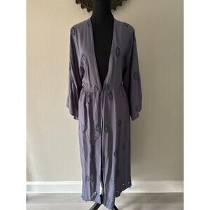 BOHEMIAN Eyelets Coatigan Duster Heather Purple Sz L Artsy Folk Eclectic Country